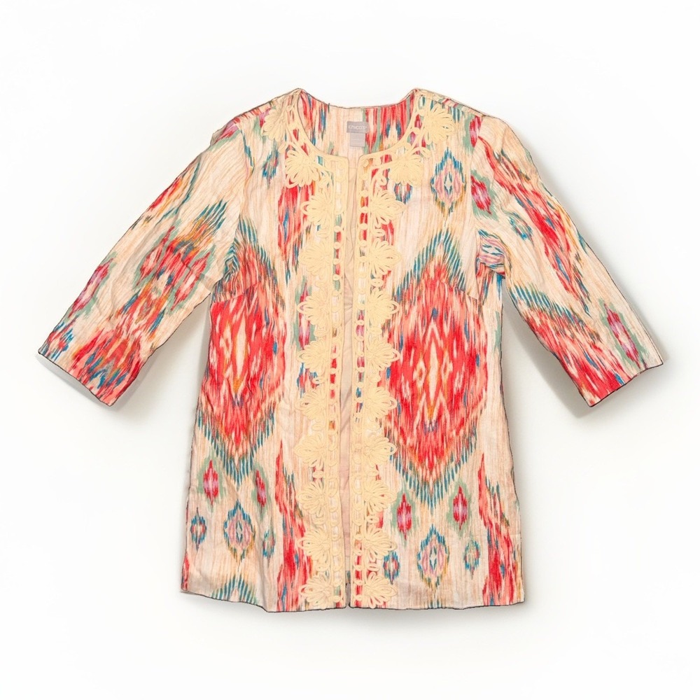 Chico's Linen Jacket Topper Size 1 M IKAT Boho Artsy Open Front Soutache Trim